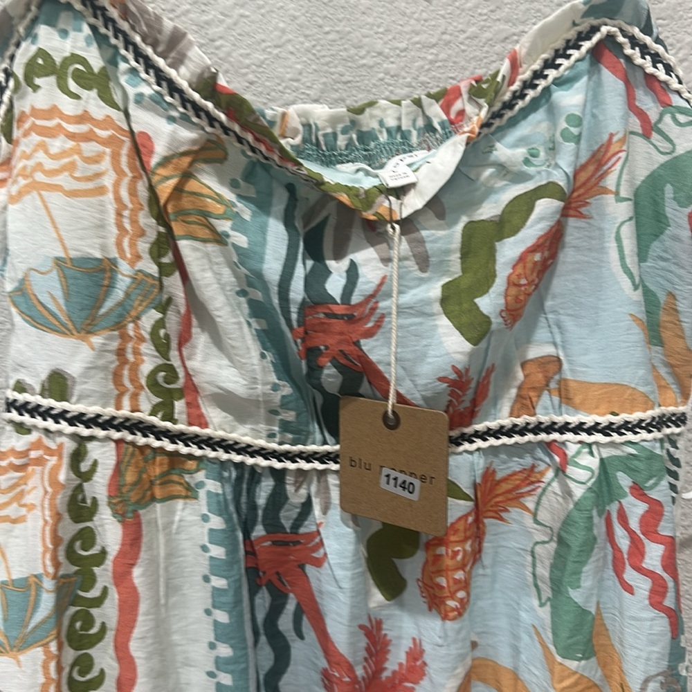Blu Pepper Summer Print Braid Trim Sleeveless Midi Dress Sage Multi Color Size L - Picture 4 of 6